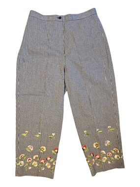 Larry Levine Black & White Gingham Capris with Floral Embroidery